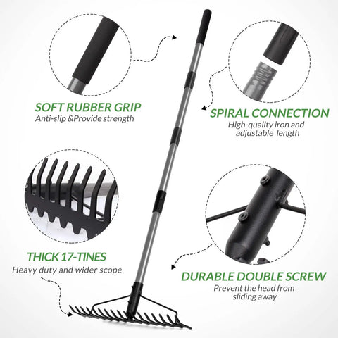 5.4 Foot Bow Rake Pro Grade Heavy Duty Garden Rake With Stainless Steel Handle And 17 Steel Tines showcasing features