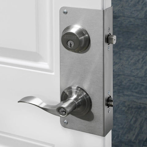 Stainless Steel Door Lock Reinforcement Plate for 1 3 4 Inch Doors on metal door with handle