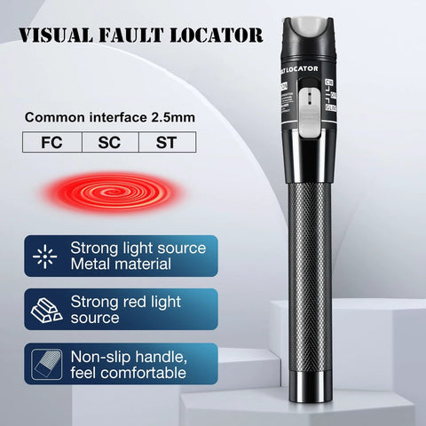Visual fault locator fiber optic tester, front view, knurled metal grip, black body and red light