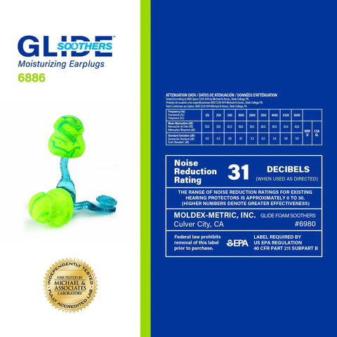 Glide Soothers Earplug Dispenser Corded Foam Twist Push In Moisturized Earplugs NRR 31dB 6886 packaging and earplug graphic
