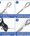 Step-by-step crimping guide for One Eighth Inch Wire Rope Kit with 100 ft vinyl coated stainless cable, 50 sleeves, 20 thimbles