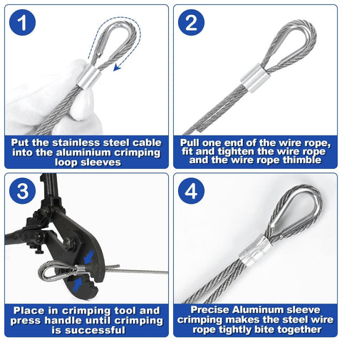 Step-by-step crimping guide for One Eighth Inch Wire Rope Kit with 100 ft vinyl coated stainless cable, 50 sleeves, 20 thimbles
