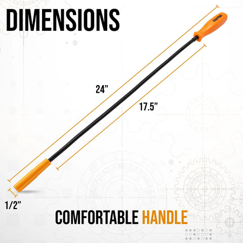 24 Inch Flexible Magnetic Grabber Tool With Bendable Retractable Arm Snake Pick Up Magnet showcasing dimensions and orange handle.