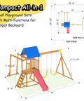 Wooden Backyard Playset With Monkey Bars And Wave Slide For Kids Ages 3 To 6 Includes 2 Belt Swings Climbing Ladder Rock Wall Play Deck And Canopy Roof For Outdoor Fun, with layout dimensions