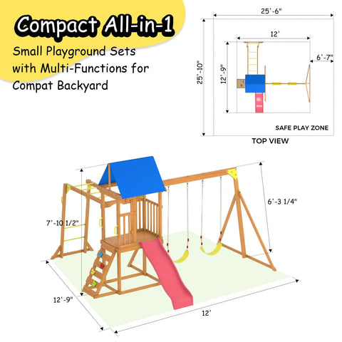 Wooden Backyard Playset With Monkey Bars And Wave Slide For Kids Ages 3 To 6 Includes 2 Belt Swings Climbing Ladder Rock Wall Play Deck And Canopy Roof For Outdoor Fun, with layout dimensions