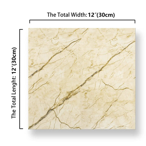 Black Marble Peel And Stick Floor Tiles 12x12 Inch Self-Adhesive Vinyl Flooring 32 Pack Waterproof Removable Tiles For Bathroom Kitchen Bedroom Living Room Covers 31 Sq Ft, single tile with dimensions marked
