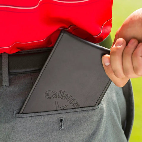 Pro Grade Leather Golf Scorecard Holder For Yardage Books being placed in back pocket, durable black card keeper with secure clip