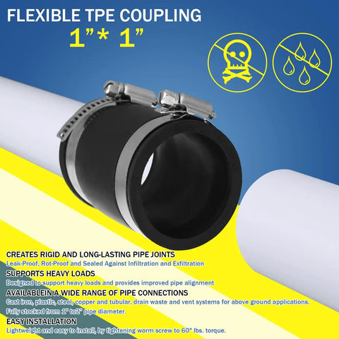 1 inch black TPE coupling with stainless steel clamps for plastic and copper plumbing, highlighting leak-proof design and features.