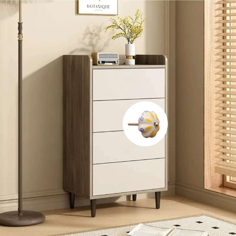Set Of 8 Yellow And White Vintage Ceramic Drawer Knobs With Classic Spade Cabinet Door Pulls For A Dope Home Setup And Killer Retro Vibe That Delivers Smooth Daily Function showcased on a dresser.