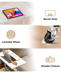 Image of Adjustable Standing Desk With Tilted Tabletop For Home Office Portable Sit Stand Laptop Desk Foldable And Ergonomic Height 30.7 To 46.4 Inches White Perfect For Remote Work And Active Breaks, featuring barrier strip, lockable wheels, and wooden texture.