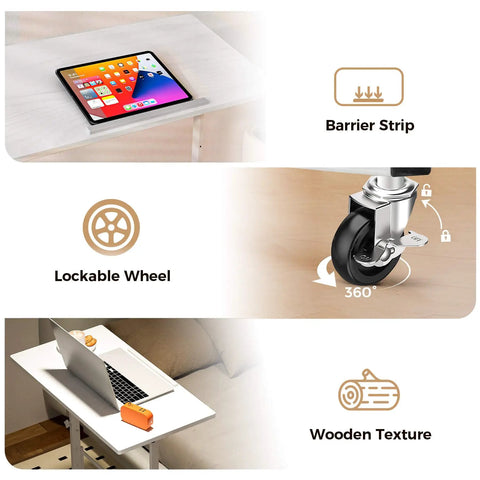 Image of Adjustable Standing Desk With Tilted Tabletop For Home Office Portable Sit Stand Laptop Desk Foldable And Ergonomic Height 30.7 To 46.4 Inches White Perfect For Remote Work And Active Breaks, featuring barrier strip, lockable wheels, and wooden texture.