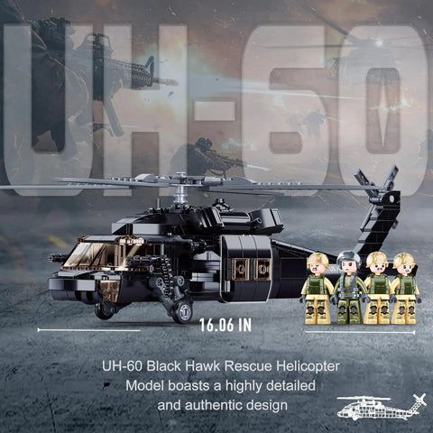 Awesome Rescue Helicopter Building Kit With 4 Soldier Minifigures Lego Compatible Military Model 692 Pieces Realistic Black Hawk Style Craft For Kids Aged 6 To 12 Great Gift featuring a detailed UH-60 model and minifigs