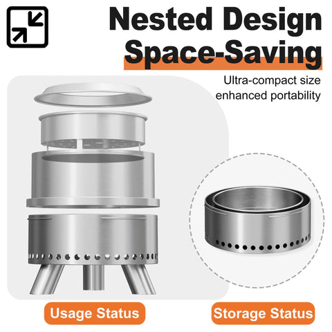 Smokeless Outdoor Fire Pit With Waterproof Bag, 15 Inch Stainless Steel Wood Burning Pit nested design for storage
