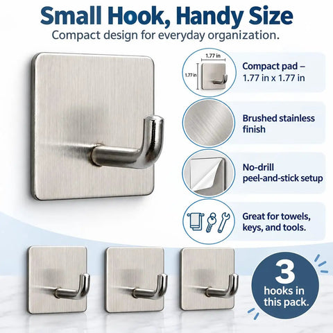 Badass Heavy Duty Adhesive Hooks, 3 Pack Rust Proof Steel Wall Grips With Peel And Stick Setup, Zero Hassle Install For Bathrooms Kitchens Closets And Offices, brushed stainless steel hooks
