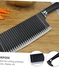 Front view of LIFKOME wavy crinkle cutter for vegetables and fruits; stainless steel blade, black handle on wooden cutting board
