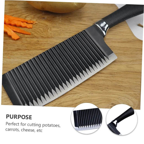 Front view of LIFKOME wavy crinkle cutter for vegetables and fruits; stainless steel blade, black handle on wooden cutting board