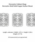 No Fuss Surface Mount Decorative Hinge In Solid Copper Bronze Finish for Cabinet Doors, detailed design, 4.3 by 2.4 inches.