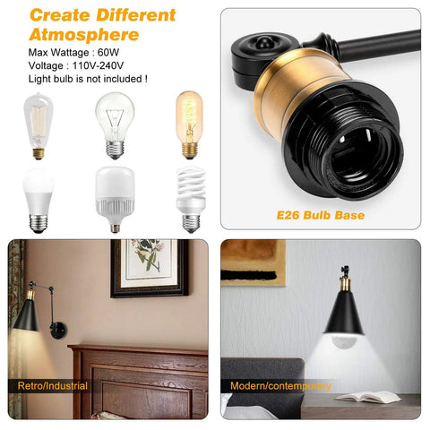 2 Pack Adjustable Swing Arm Wall Sconces Hardwired Industrial Metal Vintage Style Wall Mount Lamps With Up Down Lamp Head And Arm Joints, Bulbs Not Included, Ideal For Living Room Hallway Kitchen