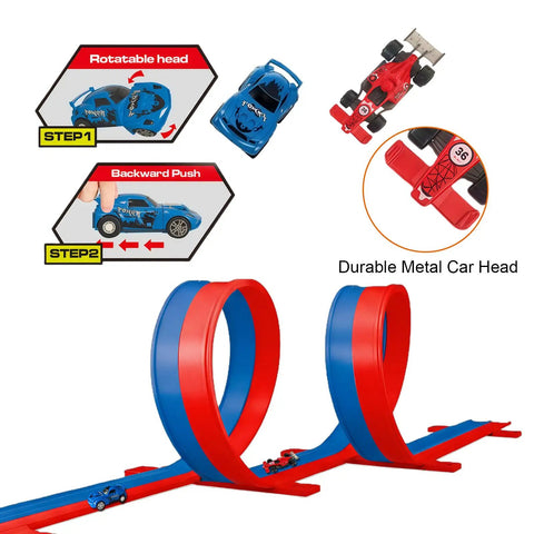 Flexible Sixteen Point Four Foot Bendable Race Track Set With Suction Cups For Kids showing red and blue loop setup with cars.