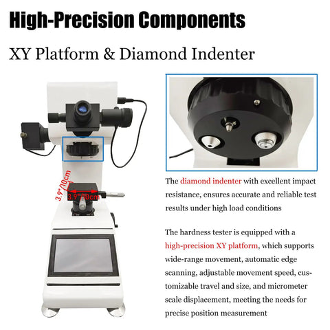 Real Deal Digital Vickers Hardness Tester featuring a high-precision XY platform and diamond indenter for accurate testing.