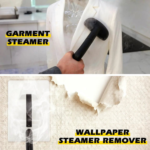 Hella Powerful 1500W Steam Cleaner With 36 Piece Attachment Kit And 1.5L Tank shown steaming a garment and removing wallpaper.