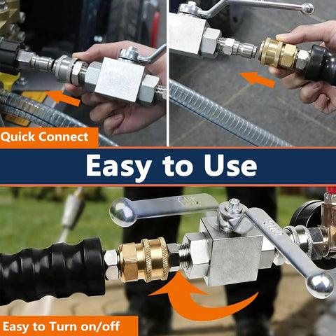 Front view of Autovo 3/4 in hydraulic ball valve with NPT threads and quick-connect hose fitting
