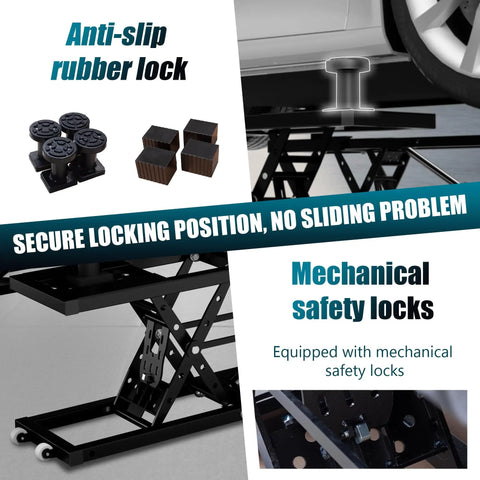 Heavy Duty Portable Hydraulic Car Lift Featuring A Hella Rugged Nine Thousand Pound Capacity with anti-slip rubber locks and mechanical safety locks.