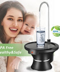 5 Gallon Water Dispenser Pump With Tray, USB Rechargeable, BPA Free, shown dispensing water into a glass.
