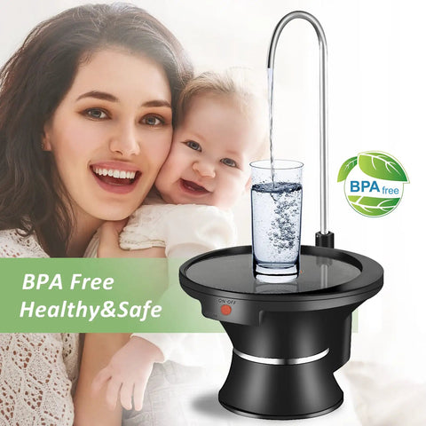5 Gallon Water Dispenser Pump With Tray, USB Rechargeable, BPA Free, shown dispensing water into a glass.
