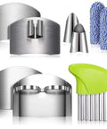Raiten 9-piece finger guard set: 4 stainless steel knife guards, 2 thumb guards, 2 finger cots, green crinkle cutter.