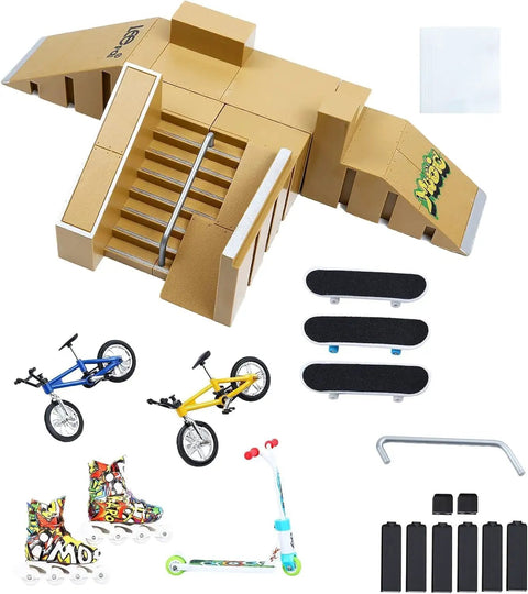 Finger Skate Park Kit Bigger Ramp Set With Five Parts For Fingerboard Training Includes Three Graffiti Decks Two Finger Scooters Skates And Bikes
