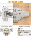 Ten Pack Full Overlay Cabinet Hinges With Soft Close For Kitchen Cabinets, 105 Degree Opening, 4D Adjustment, sizes and dimensions chart