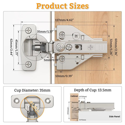 Ten Pack Full Overlay Cabinet Hinges With Soft Close For Kitchen Cabinets, 105 Degree Opening, 4D Adjustment, sizes and dimensions chart