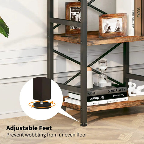 3 Tier Industrial Metal Bookcase With Rustic Brown Finish, Etagere Style Storage Shelf, adjustable feet detail