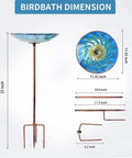 Glass Bird Bath On Metal Stake With Four Pronged Base For Stability Easy Assembly featuring peacock style design and birdbath dimensions