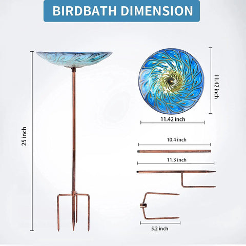 Glass Bird Bath On Metal Stake With Four Pronged Base For Stability Easy Assembly featuring peacock style design and birdbath dimensions