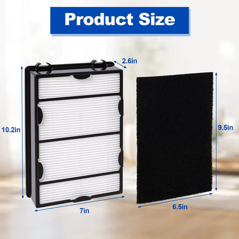 HEPA Replacement Filter And Carbon Pre Filters For Holmes And Bionaire Vacuums 4 pack size dimensions shown on chart