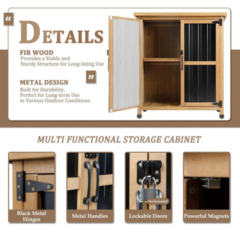 Weatherproof outdoor storage cabinet with lockable doors, wood and metal design, adjustable shelves, for patio storage needs.