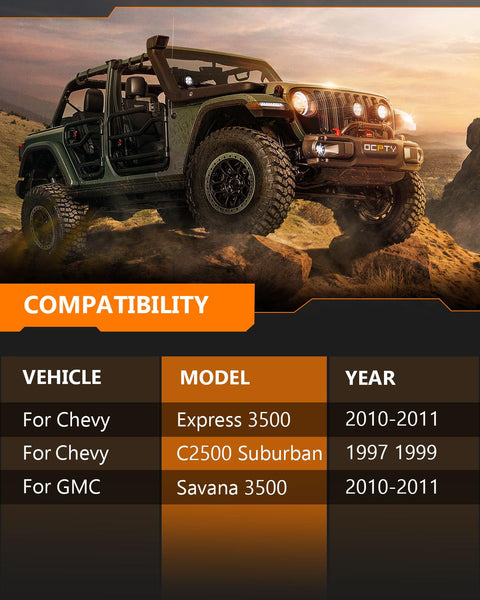 Off-road vehicle on rocky terrain; compatibility table for Chevy Express 3500, C2500 Suburban, GMC Savana 3500.