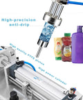 Heavy Duty Pneumatic Liquid Paste Filling Machine With Heated Stirred Tank, showing anti-drip nozzle, PTFE piston, and various bottle types.