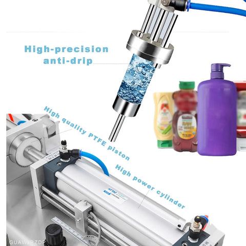 Heavy Duty Pneumatic Liquid Paste Filling Machine With Heated Stirred Tank, showing anti-drip nozzle, PTFE piston, and various bottle types.