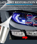 Headlight Restoration Kit For Cars With 200ml Repair Liquid and polishing cup applied to oxidized car headlight