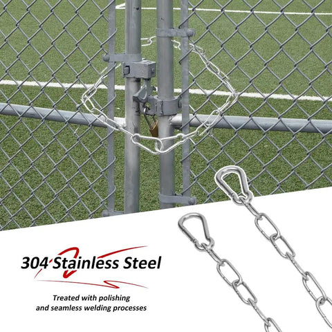 40 Inch Stainless Steel Gate Chain Lock for outdoor fences and farm corrals with spring clips, shown locking a metal fence gate.