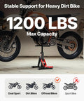 Dirt Bike Lift Stand With 1200Lb Capacity, Hydraulic Motorcycle Jack, showcased with a dirt bike illustrating stability.
