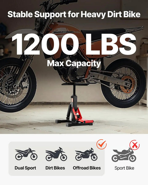 Dirt Bike Lift Stand With 1200Lb Capacity, Hydraulic Motorcycle Jack, showcased with a dirt bike illustrating stability.