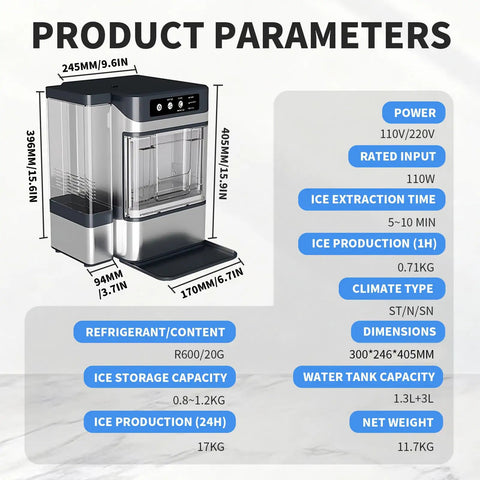 Heavy Duty Countertop Nugget Ice Maker Spits Out Chewable Ice Fast With Built In Water Tank And Hassle Free Self Clean Feature  dimensions and specifications.