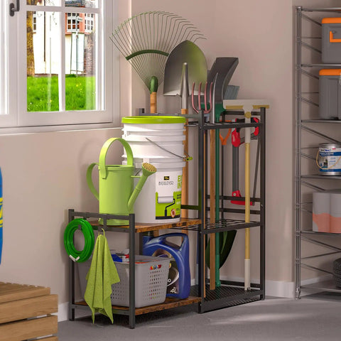 Heavy Duty Steel Garden Tool Rack With Two Tier Wooden Shelves And Six Hooks For Garage Organization Holds Up To Thirty Five Long Handled Yard Tools Durable Storage Solution To Keep Your Workshop Clutter Free with various garden tools stored at a corner window.