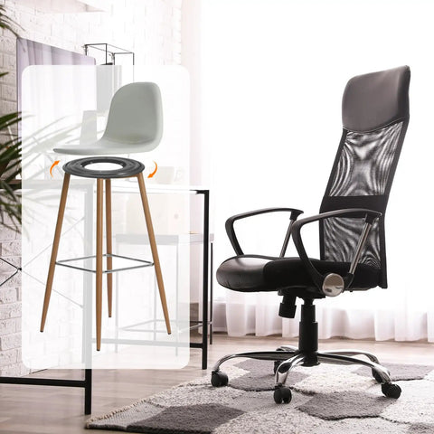 Set Of 4 Bar Stool Swivel Replacement Plates For 360 Degree Spin next to an office chair in a modern room setting.