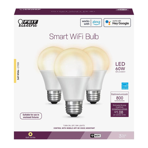 Energy Saving 60 Watt Equivalent WiFi Dimmable A19 LED Smart Light Bulb App Control No Hub Needed Works With Alexa Or Google Assistant 2700K Soft White Long Lasting 3 Pack