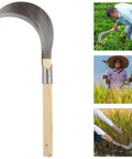 Long Handled Weeding Sickle With Wooden Handle Multipurpose Manual Garden Tool for lawn care pictured with different uses
